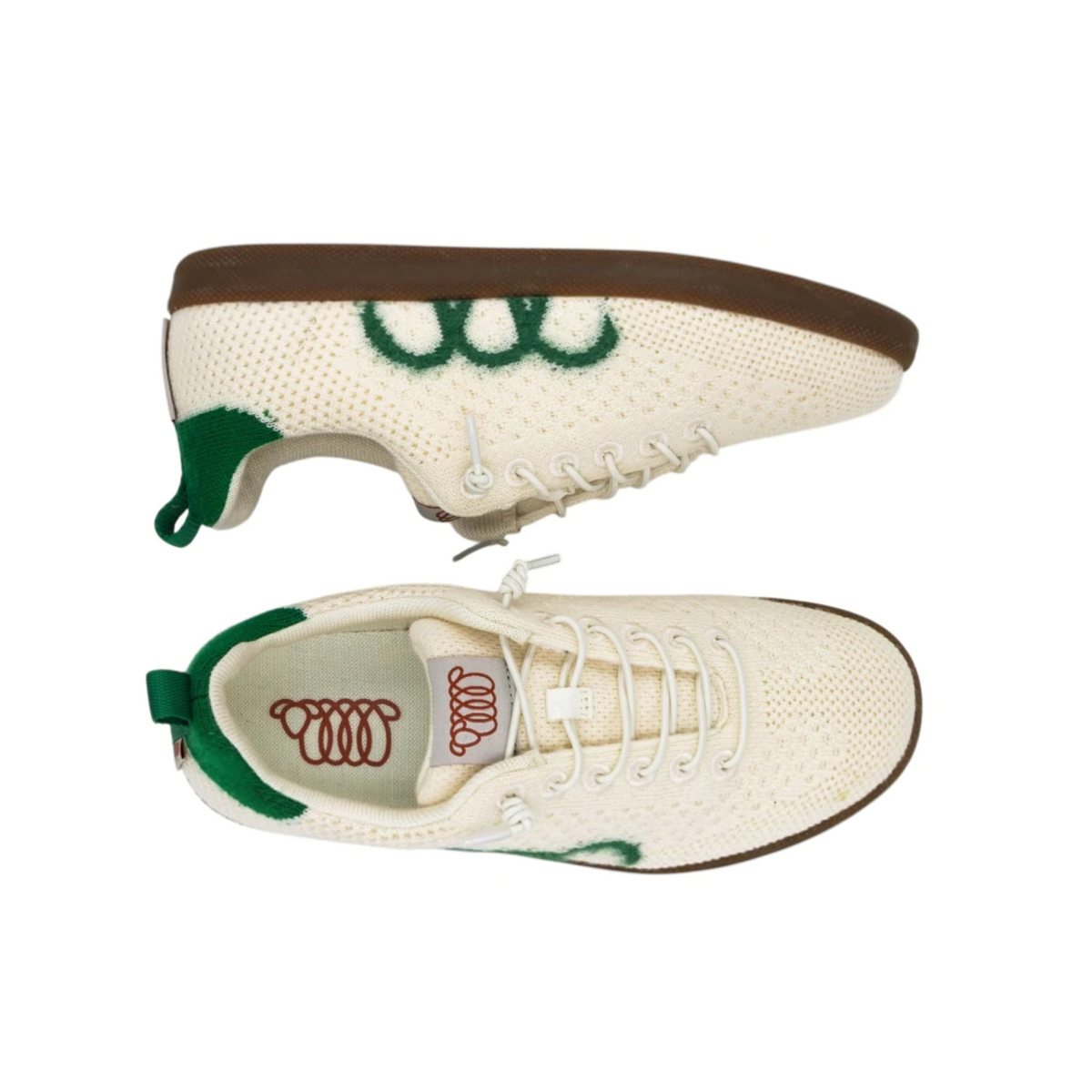 Plum Bottom WOOLLOOMOOLOO Engadine ecru white and green merino wool sneakers with elastic laces and brown soles.