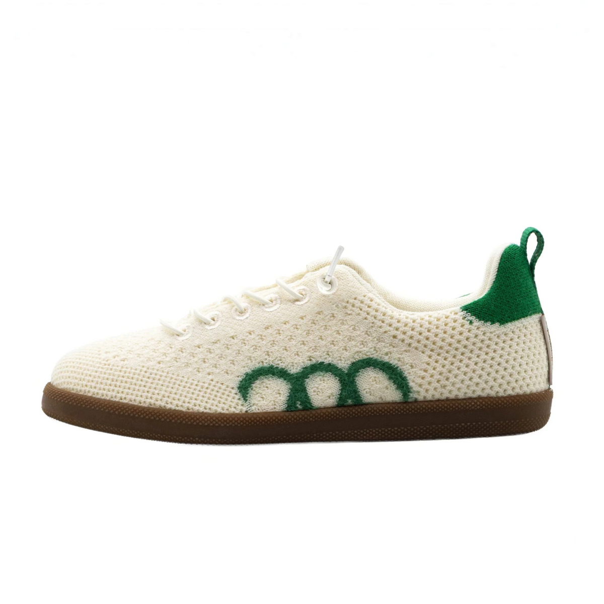 Plum Bottom WOOLLOOMOOLOO Engadine sneaker in ecru white Merino wool with green accents and elastic lace system