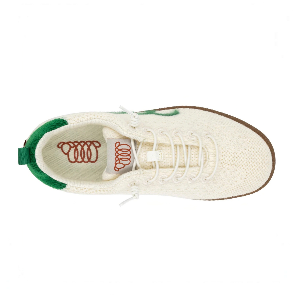 Plum Bottom WOOLLOOMOOLOO Engadine sneaker in ecru white and green knitted Merino wool with elastic lace system.