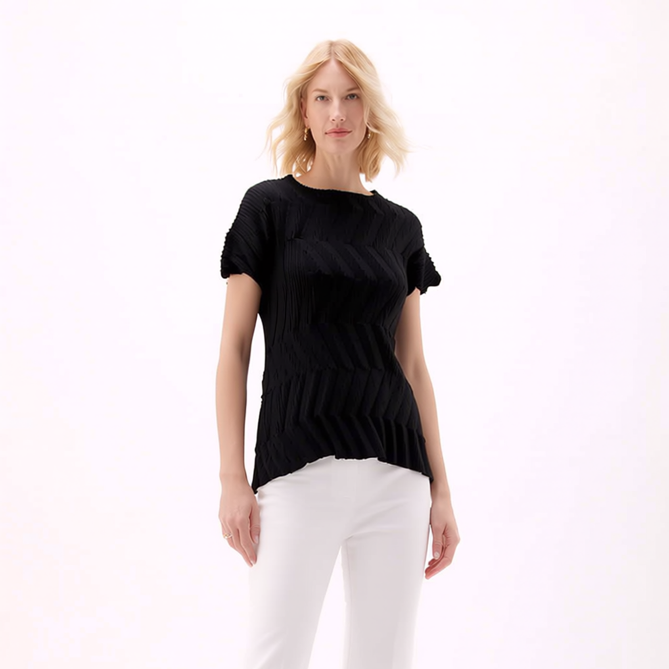 [Ellyndale - Pleating Short Sleeves Top- Chevron Ripple (Black): Black / O/S], [Tops], [Ellyndale], [Plum Bottom].