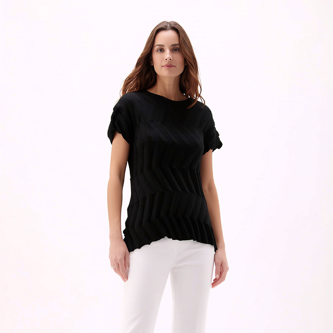 [Ellyndale - Pleating Short Sleeves Top- Chevron Ripple (Black): Black / O/S], [Tops], [Ellyndale], [Plum Bottom].