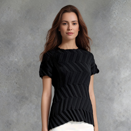 [Ellyndale - Pleating Short Sleeves Top- Chevron Ripple (Black): Black / O/S], [Tops], [Ellyndale], [Plum Bottom].