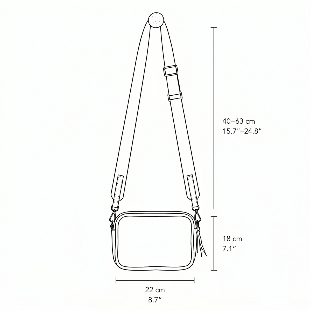 Plum Bottom DANIELLA LEHAVI Lima Day Bag technical line drawing showing dimensions and adjustable strap length