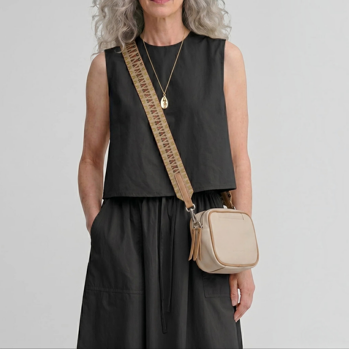 Plum Bottom DANIELLA LEHAVI Lima Day Bag in beige lambskin leather with a patterned embroidered crossbody strap