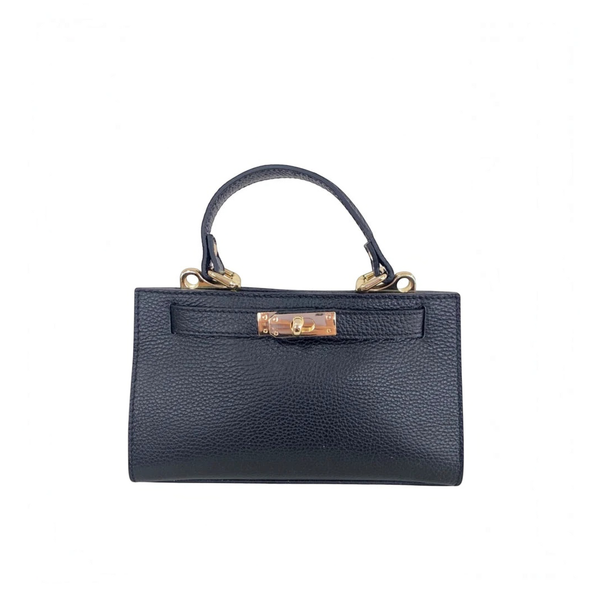Plum Bottom LE FEME CHATEAU Classic Mini handbag in black Italian leather with gold hardware and top handle.