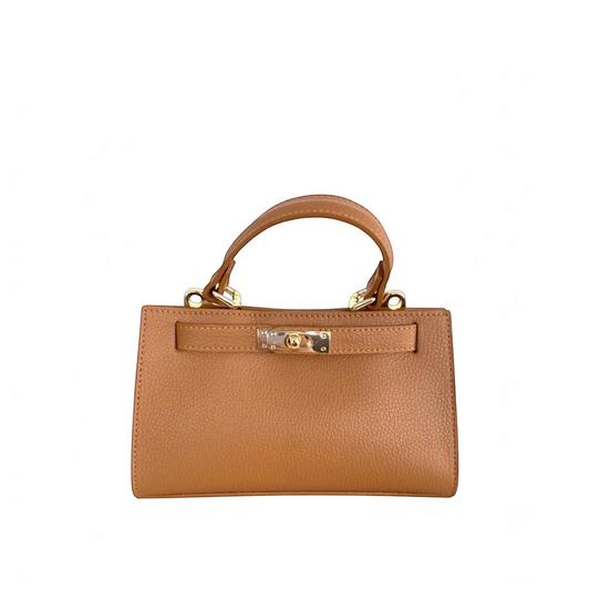 Plum Bottom LE FEME CHATEAU Classic Mini handbag in tan Italian leather with gold hardware and top handle.