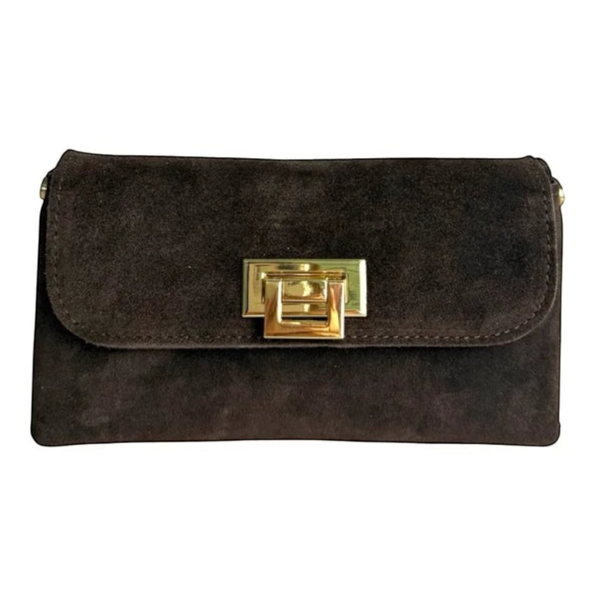 Plum Bottom LE FEME CHATEAU chocolate brown suede clutch with a gold-tone rectangular clasp closure.