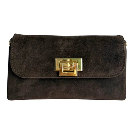 Plum Bottom LE FEME CHATEAU chocolate brown suede clutch with a gold-tone rectangular clasp closure.