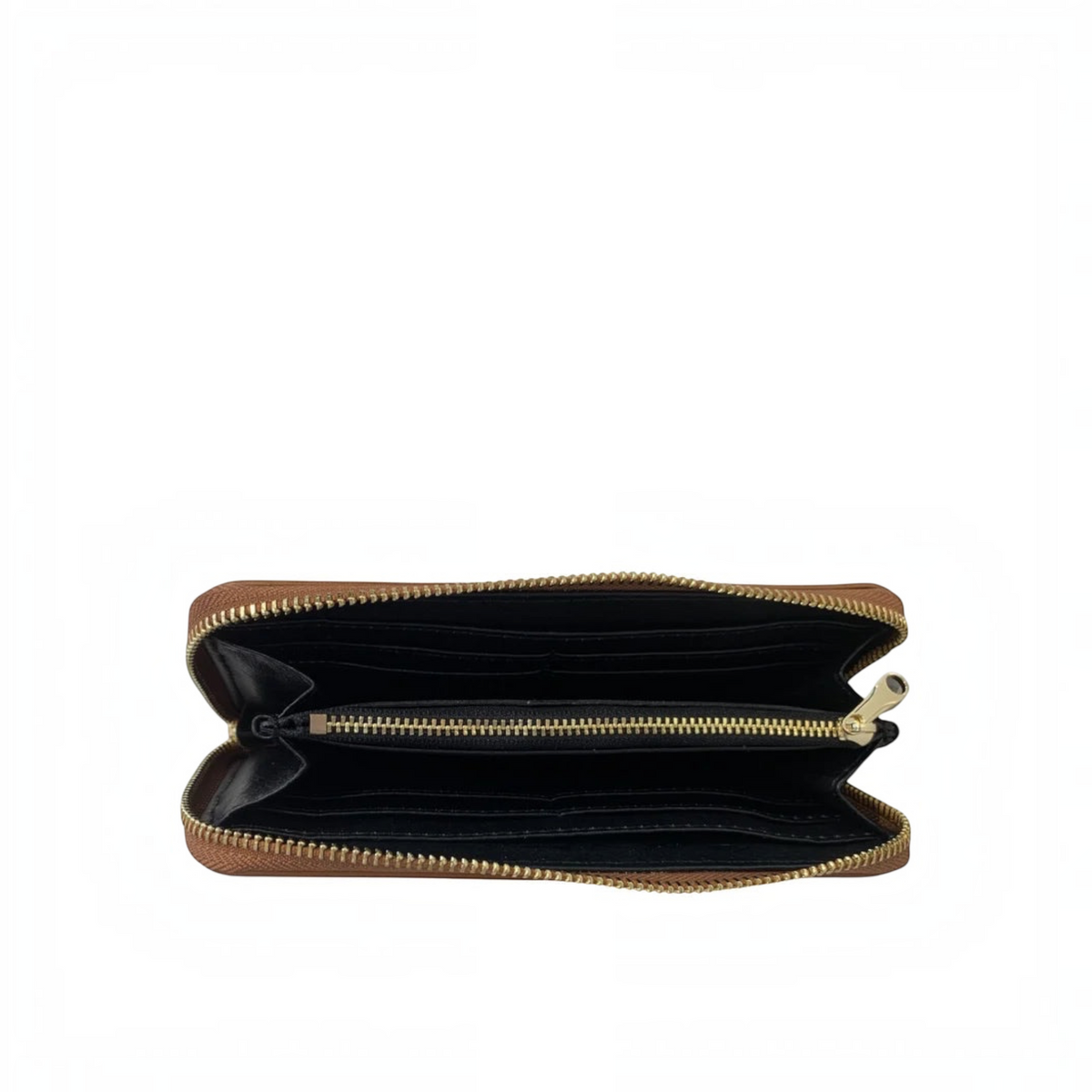 Plum Bottom LE FEME CHATEAU medium wallet in brown Italian leather with an open interior and gold zipper detail
