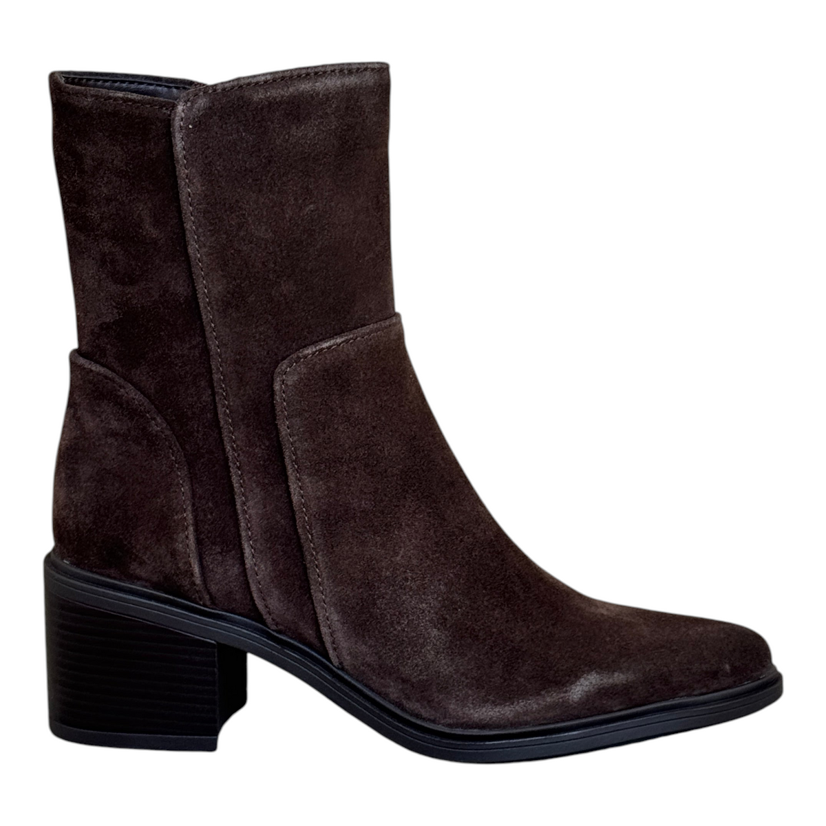 Plum Bottom REGARDE LE CIEL Elettra-03 dark brown suede ankle boot with a block heel and curved panel seam