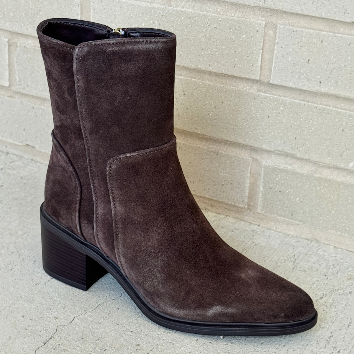 Plum Bottom REGARDE LE CIEL Elettra-03 dark brown suede ankle boot with block heel and curved panel seam detail.