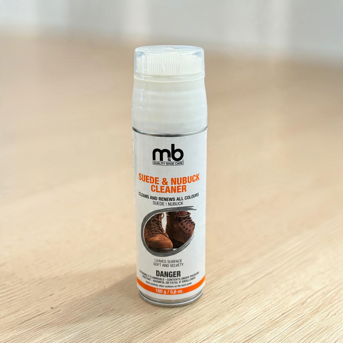 Plum Bottom M&B suede and nubuck cleaner aerosol spray with integrated brush cap for shoe maintenance