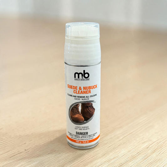 Plum Bottom M&B suede and nubuck cleaner aerosol spray with integrated brush cap for shoe maintenance