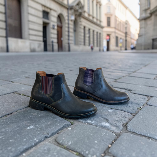 Plum Bottom AETREX Kaylee black leather Chelsea boots with side stretch gore and durable rubber outsoles.