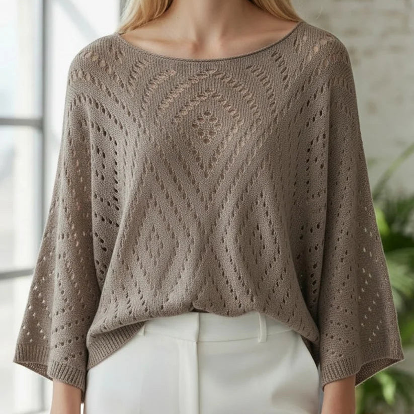 [CATHERINE LILLYWHITE Holey Knit Top Taupe], [Sweaters], [Catherine Lillywhite], [Plum Bottom].