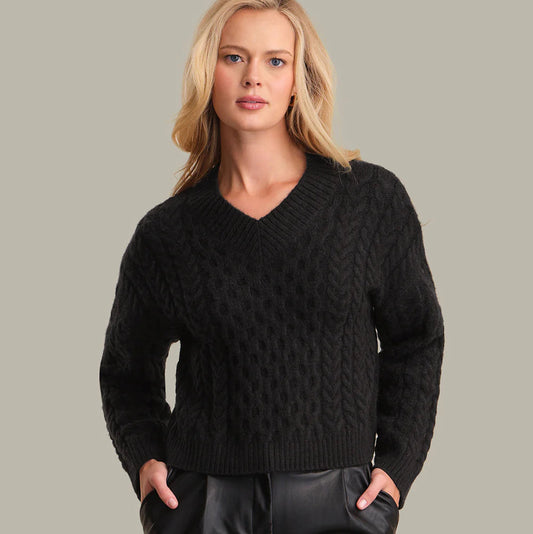525 - LEONA CABLE HIGH V-Neck Pullover - Black