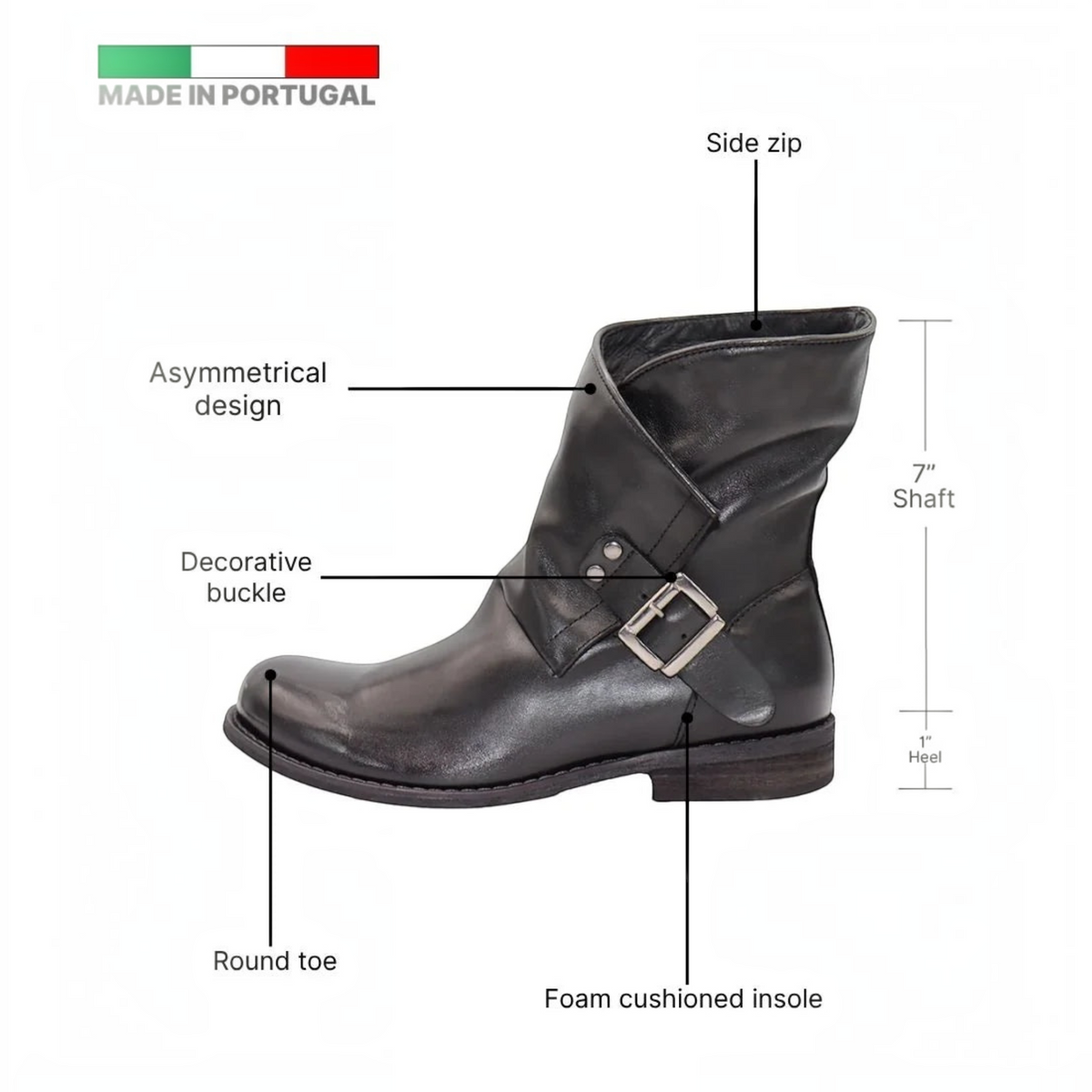 Plum Bottom Eric Michael Malaga black leather ankle boot with moto buckle, side zip, and low stacked heel.