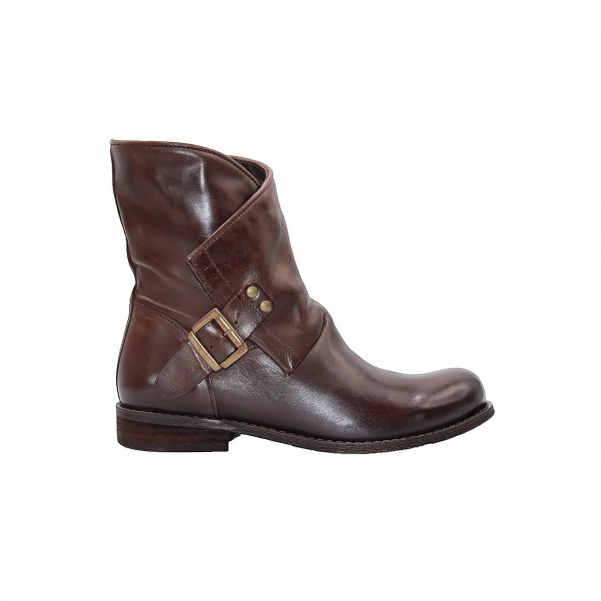 Plum Bottom Eric Michael Malaga brown leather ankle boot with moto-inspired buckle and low stacked heel