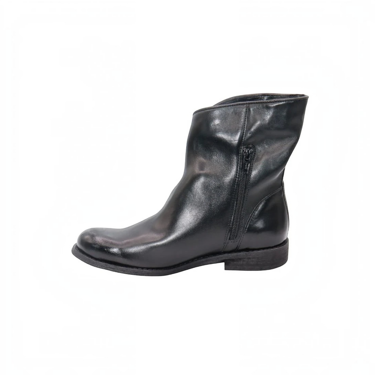 Plum Bottom Eric Michael Malaga black leather ankle boot with side zipper and low stacked heel
