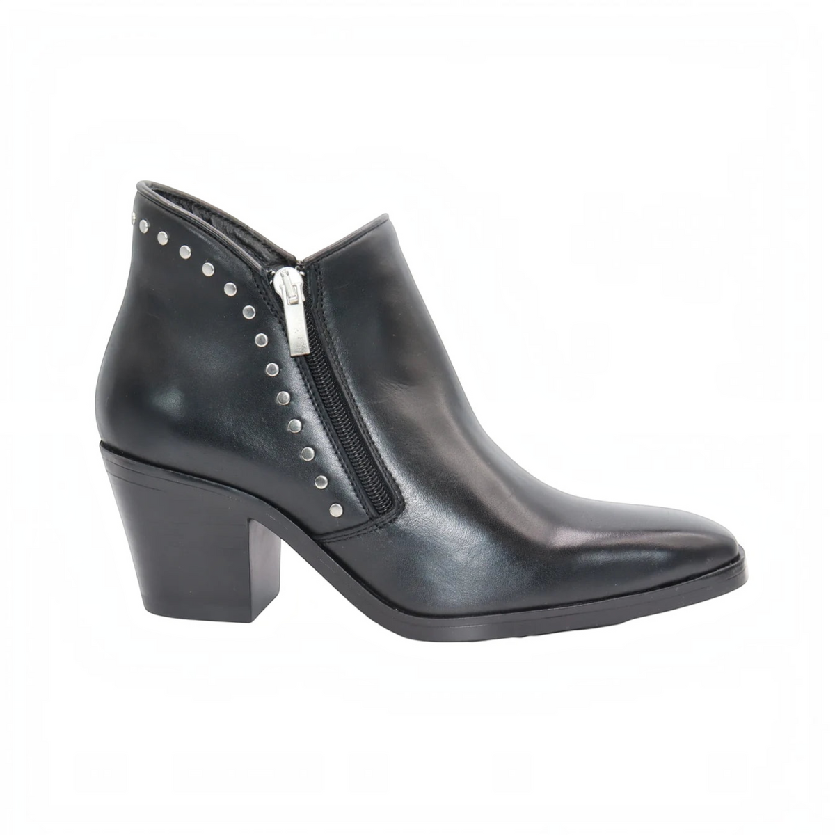 Plum Bottom Eric Michael Muriel black leather ankle boot with side zipper and silver stud accents on a block heel.