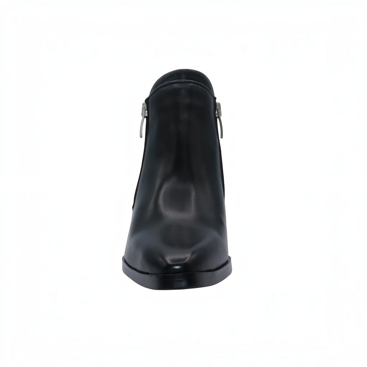 Plum Bottom ERIC MICHAEL Muriel black leather ankle boot with side zipper and block heel, front view