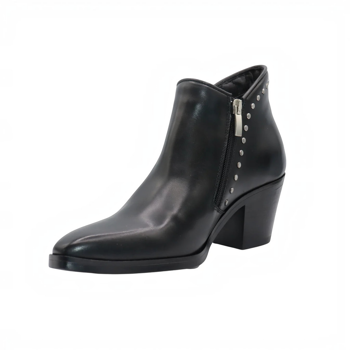 Plum Bottom ERIC MICHAEL Muriel black leather ankle boot with side zipper and silver stud accents on a block heel