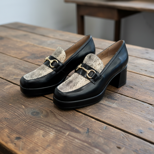 women's loafer in black and piton with a block heel