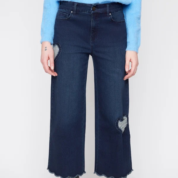 RENUAR Dark Indigo Wide-Leg Denim with Rib Heart Appliqué and Frayed Edge