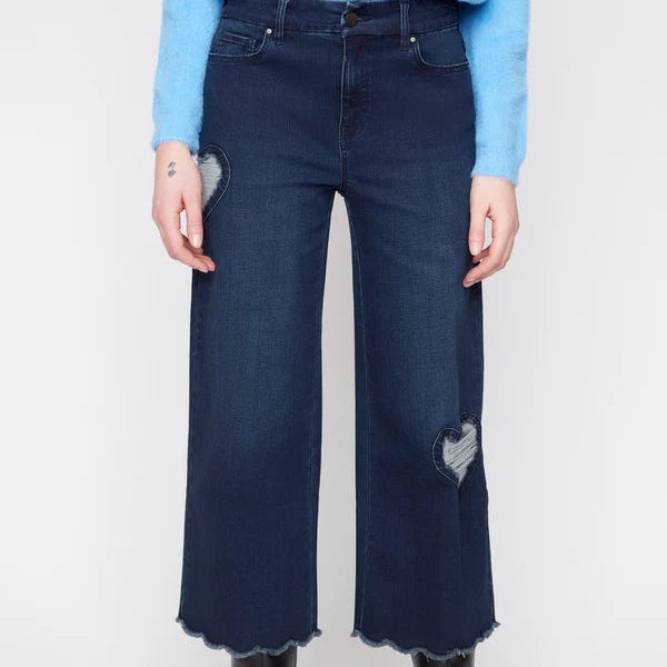 RENUAR Dark Indigo Wide-Leg Denim with Rib Heart Appliqué and Frayed Edge