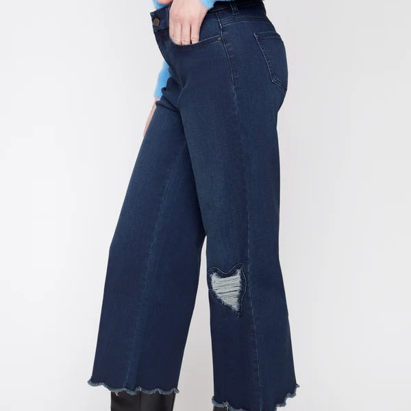 RENUAR Dark Indigo Wide-Leg Denim with Rib Heart Appliqué and Frayed Edge