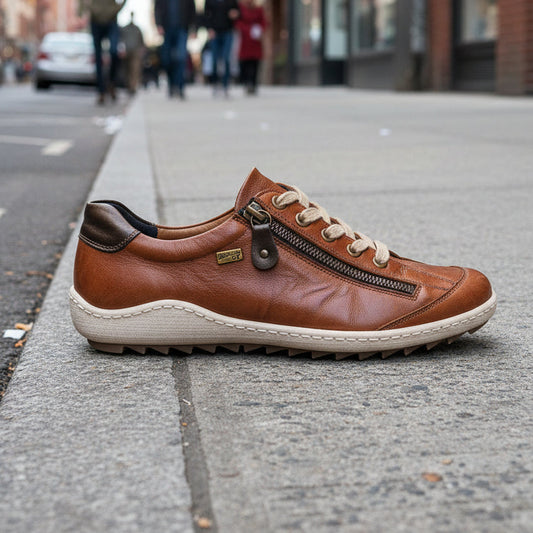 Brown leather shoe with a zipper on a white background