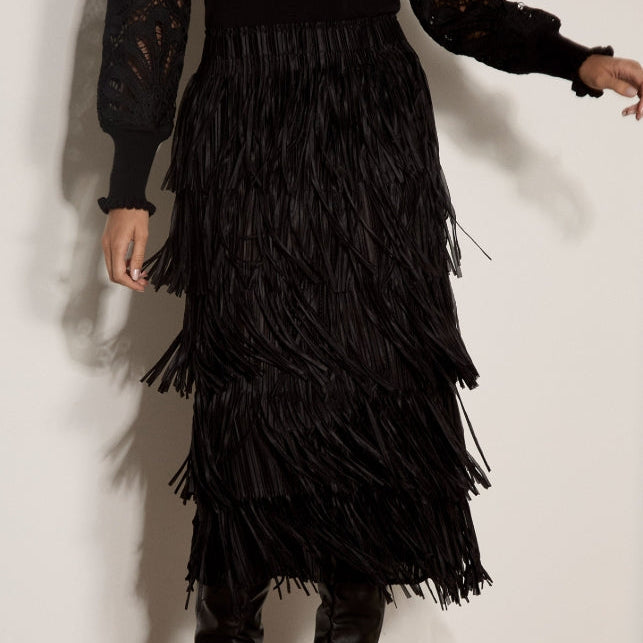APRICOT Fringe Tiered Midi Skirt