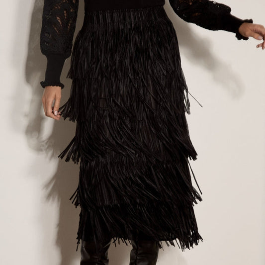 APRICOT Fringe Tiered Midi Skirt