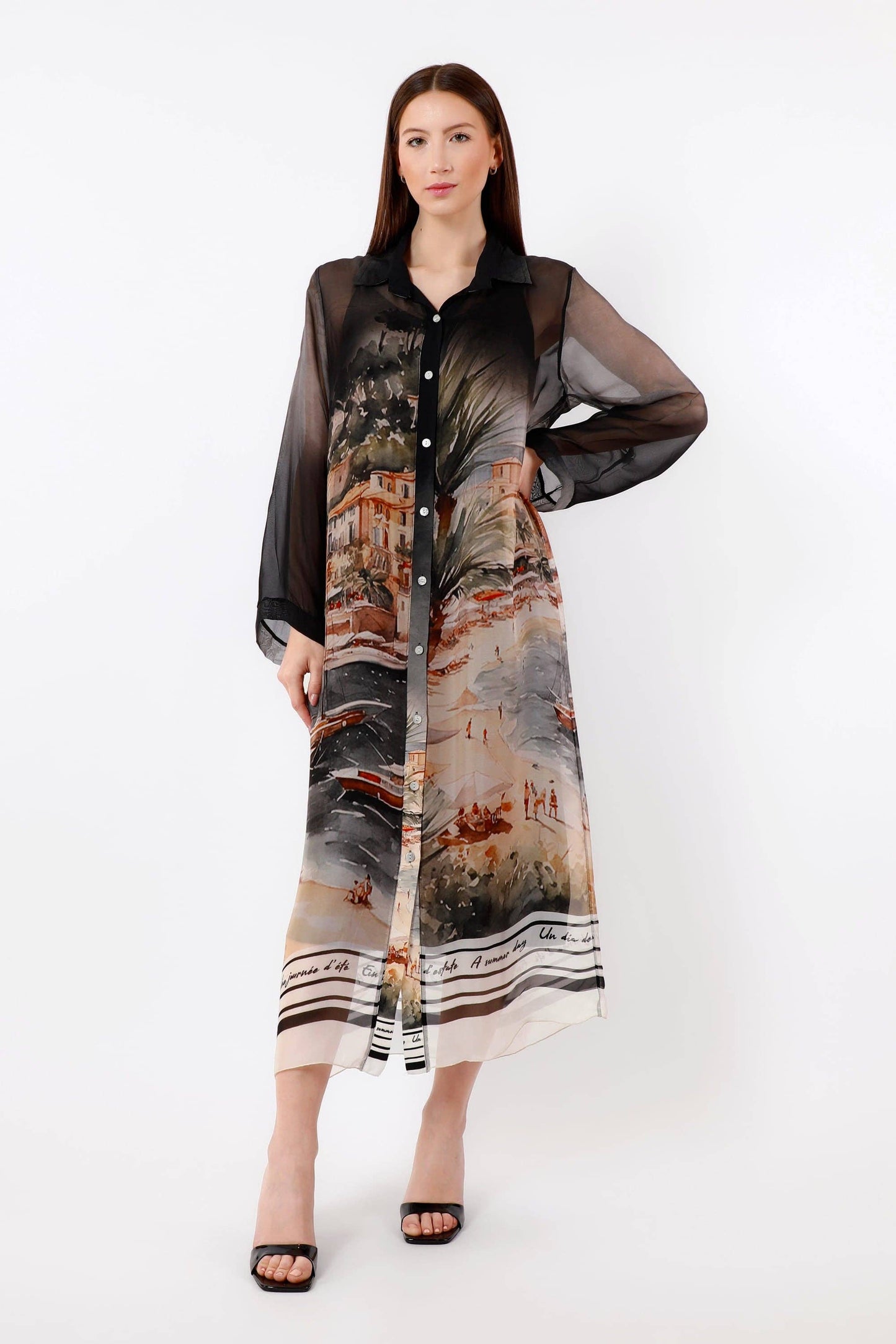 [TINA Stephens Italy/Tees By Tina - Asher Positano 3/4 Sleeve Silk Button Dress (DQ211P): 001 Black / One Size], [Dresses], [TINA Stephens Italy/Tees By Tina], [Plum Bottom].