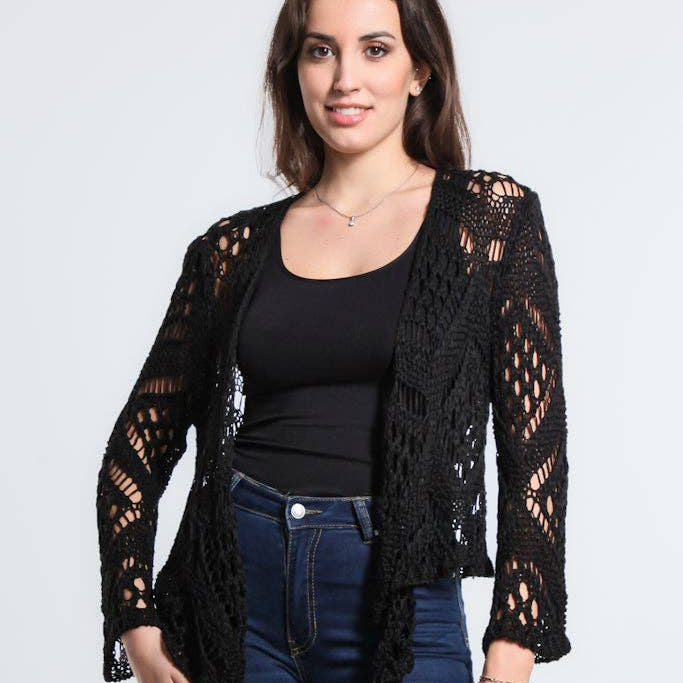 [TINA Stephens Italy/Tees By Tina - Kandra Open Knit Tie Front Bolero (CLS303): 001 Black], [Jacket], [TINA Stephens Italy/Tees By Tina], [Plum Bottom].