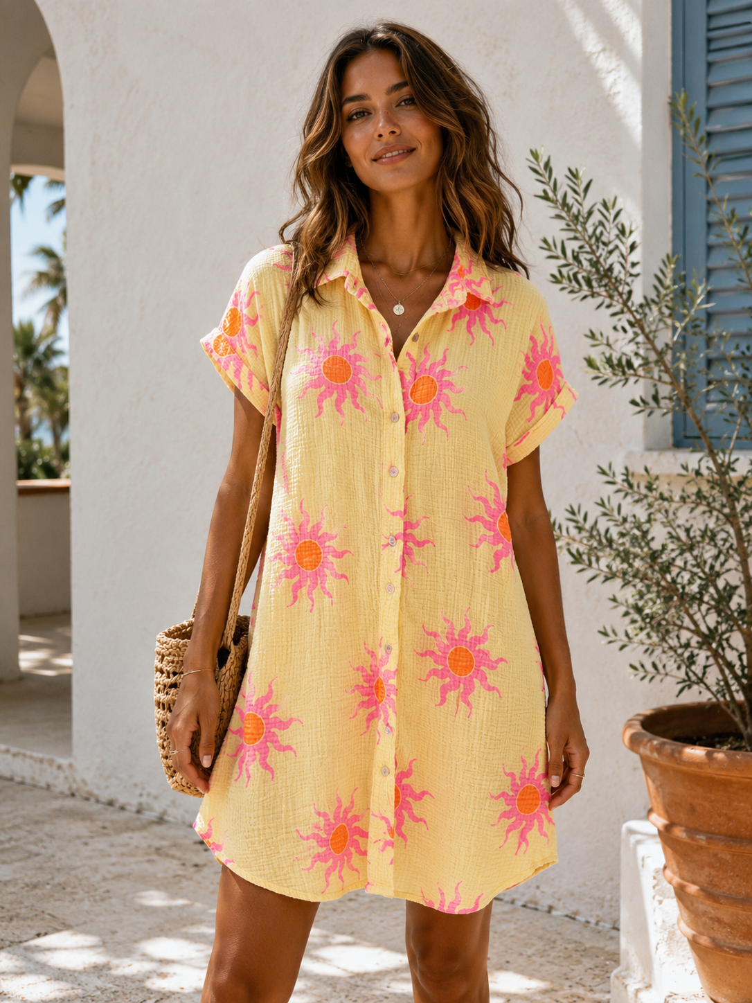 [LOOWIE - IVT260714YL Cotton Sun Print Shirt Dress Yellow], [Dresses], [LOOWIE], [Plum Bottom].