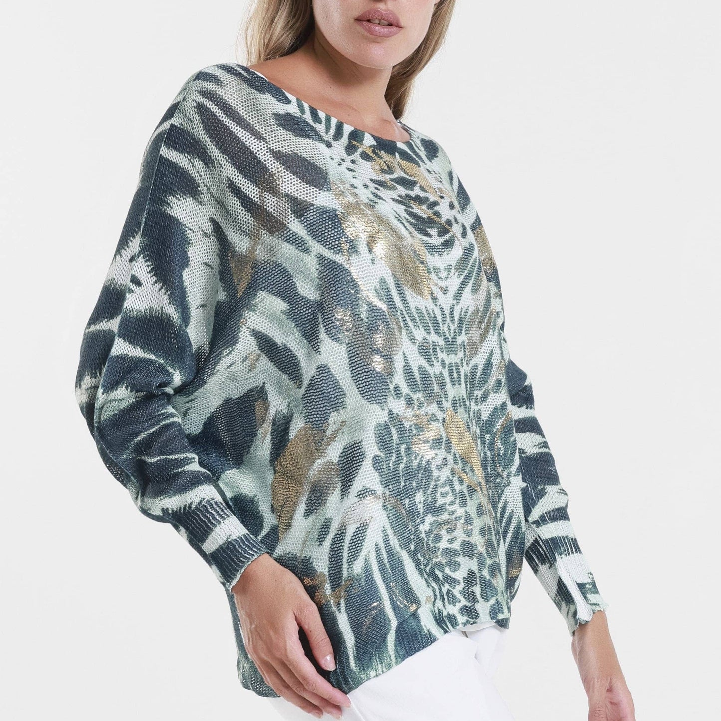 [TINA Stephens Italy/Tees By Tina - Big/Small Spot Danielle Batwing Open Knit Sweater (BLS424T): 303G Army w/ Gold / One Size], [Sweater], [TINA Stephens Italy/Tees By Tina], [Plum Bottom].