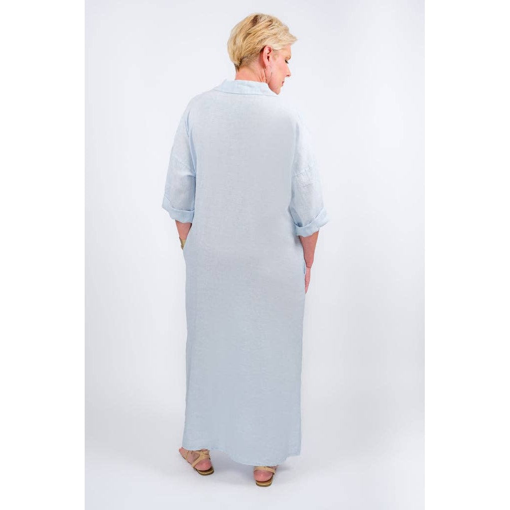 [TINA Stephens Italy/Tees By Tina - Fernanda Open Collar Linen Dress (DQ107): 455 Ice Blue], [CLOTHING], [TINA Stephens Italy/Tees By Tina], [Plum Bottom].