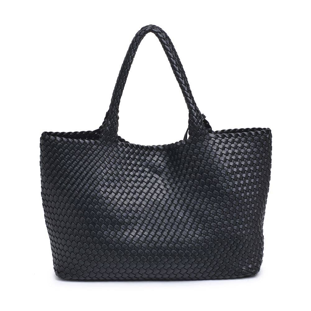 [Moda Luxe - Solana Woven Vegan Leather Tote: Black], [Handbag], [Moda Luxe], [Plum Bottom].