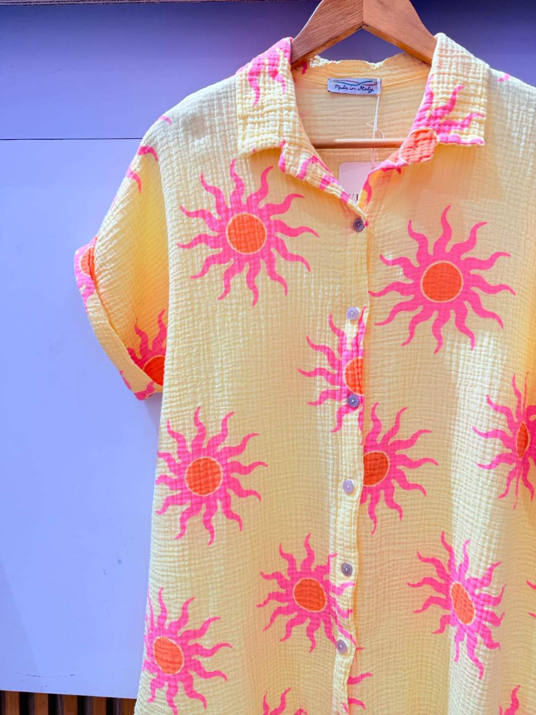 [LOOWIE - IVT260714YL Cotton Sun Print Shirt Dress Yellow], [Dresses], [LOOWIE], [Plum Bottom].