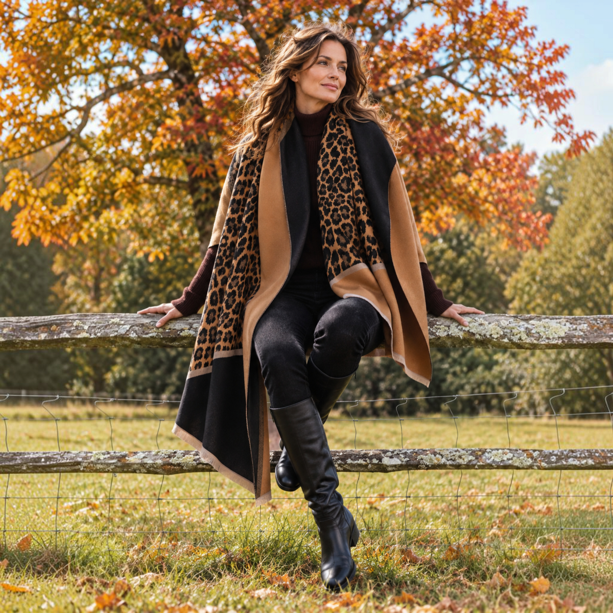 [Winding River - Brown / Black Angled Leopard Reversible Wrap], [Scarf], [Winding River], [Plum Bottom].