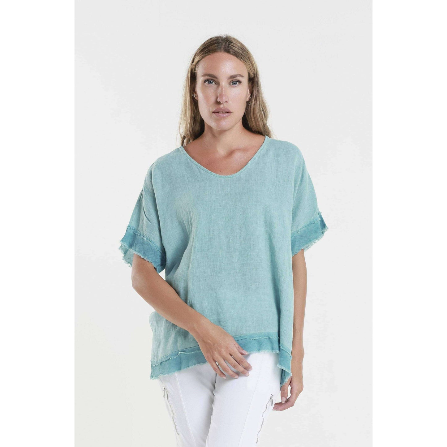 TINA Stephens Italy/Tees By Tina - Lucy V-Neck Ruffle Edge Top (BSS910): 328 Teal Enzyme / One Size, CLOTHING, TINA Stephens Italy/Tees By Tina, Plum Bottom