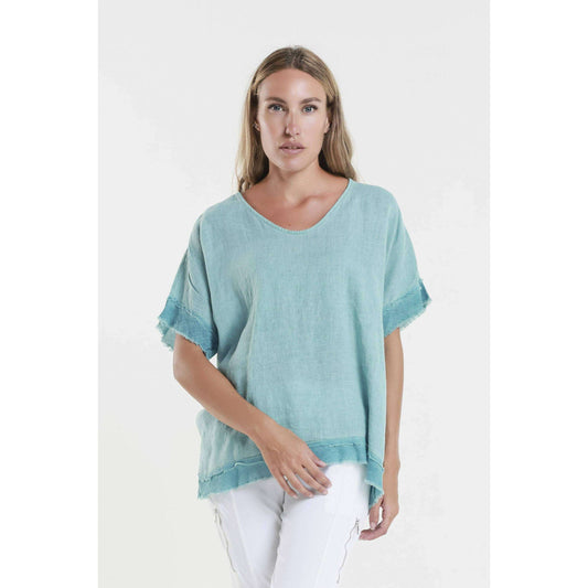 TINA Stephens Italy/Tees By Tina - Lucy V-Neck Ruffle Edge Top (BSS910): 328 Teal Enzyme / One Size, CLOTHING, TINA Stephens Italy/Tees By Tina, Plum Bottom