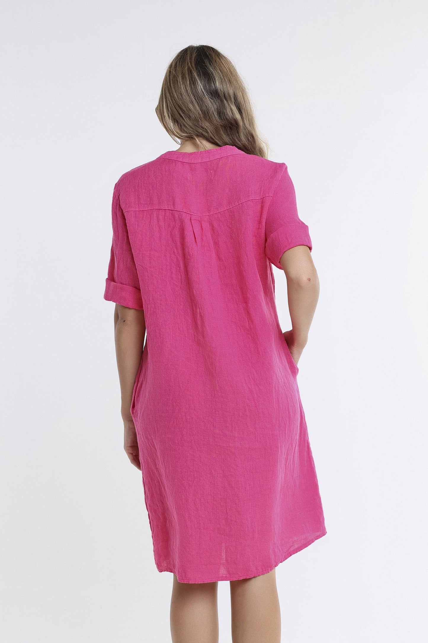 [TINA Stephens Italy/Tees By Tina - Lizzie Short Sleeve Linen Placket Dress (DSS140): 672 Fuchsia / One Size], [CLOTHING], [TINA Stephens Italy/Tees By Tina], [Plum Bottom].