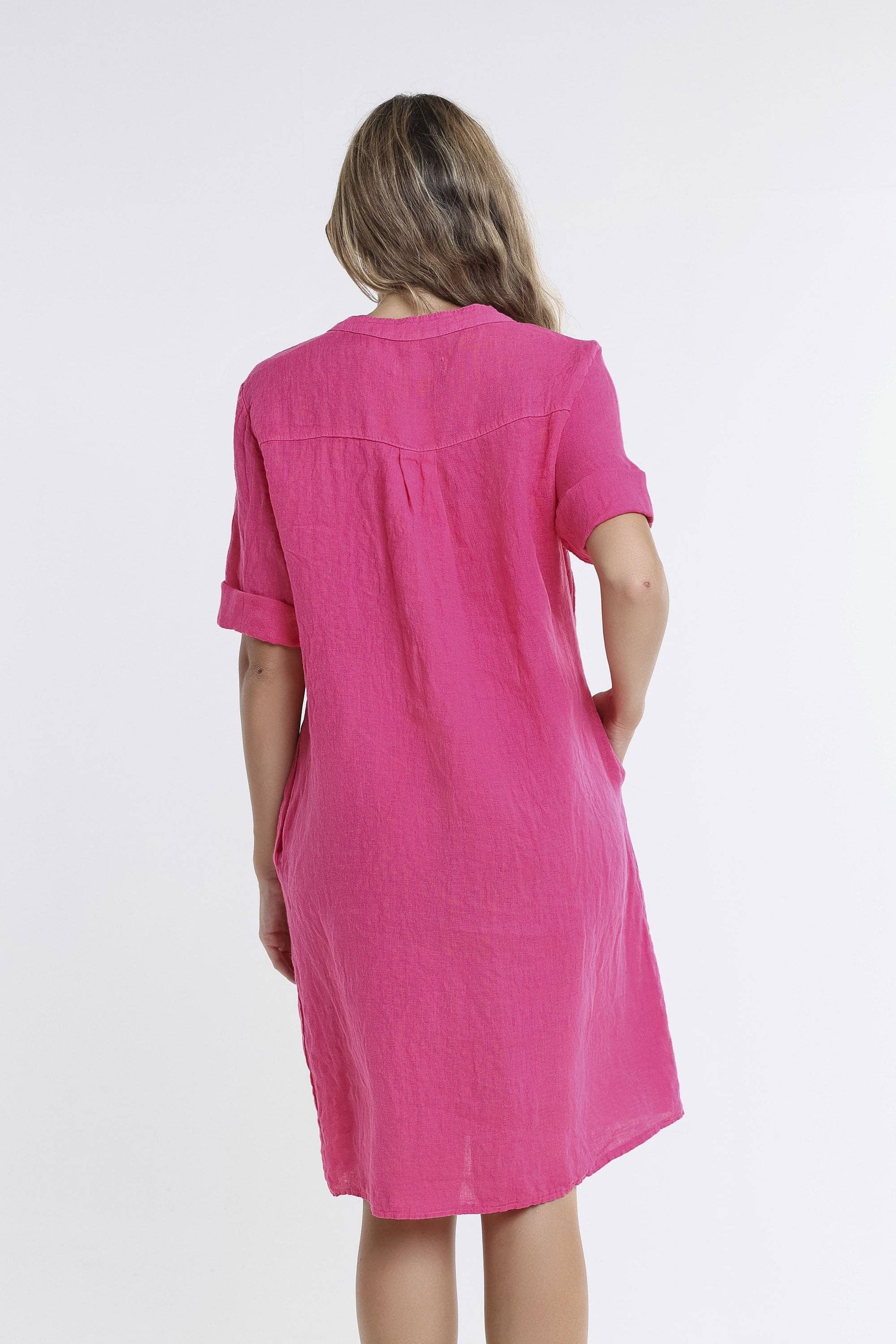 [TINA Stephens Italy/Tees By Tina - Lizzie Short Sleeve Linen Placket Dress (DSS140): 672 Fuchsia / One Size], [CLOTHING], [TINA Stephens Italy/Tees By Tina], [Plum Bottom].