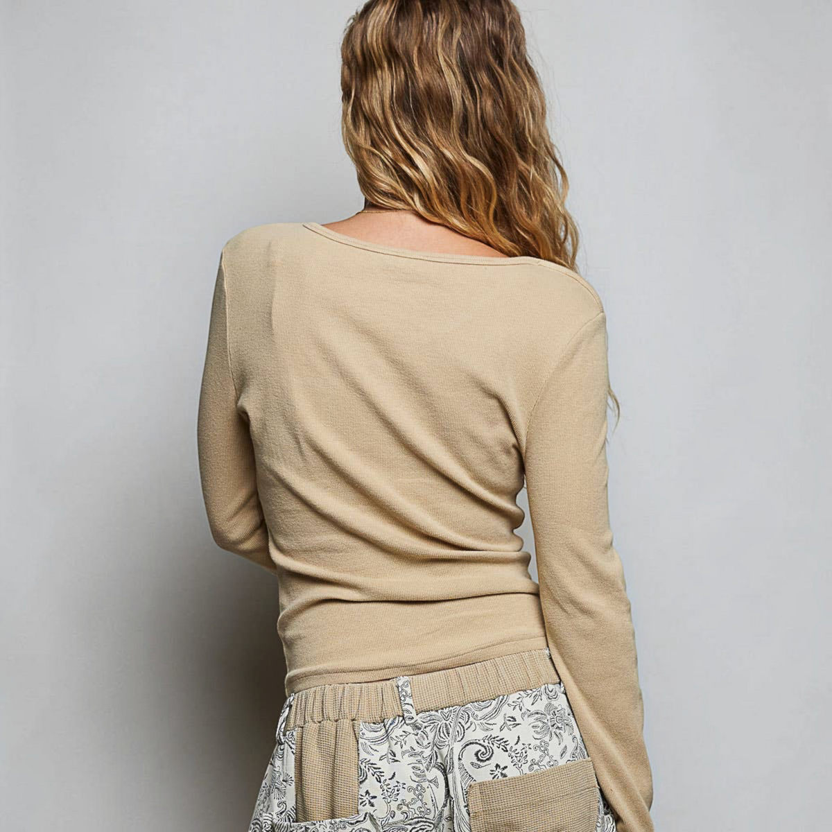 [Pol Clothing - Long Sleeve Novelty Button Wide V Neck Solid Knit Top: LATTE / L], [Tops], [Pol Clothing], [Plum Bottom].
