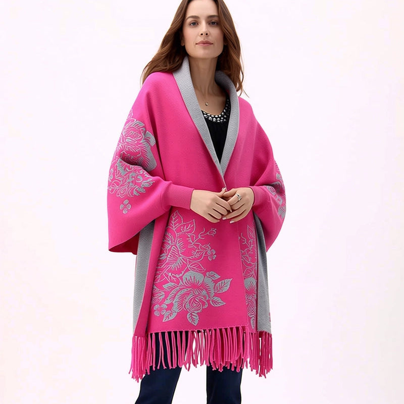 ELLYNDALE Reversible Peony Jacquard Shawl with Arm Openings Hot Pink/ Grey