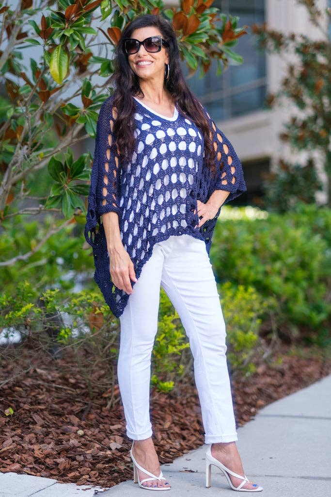 [TINA Stephens Italy/Tees By Tina - Oceana Circle Open Knit Topper (BQ904): 409 Navy], [CLOTHING], [TINA Stephens Italy/Tees By Tina], [Plum Bottom].