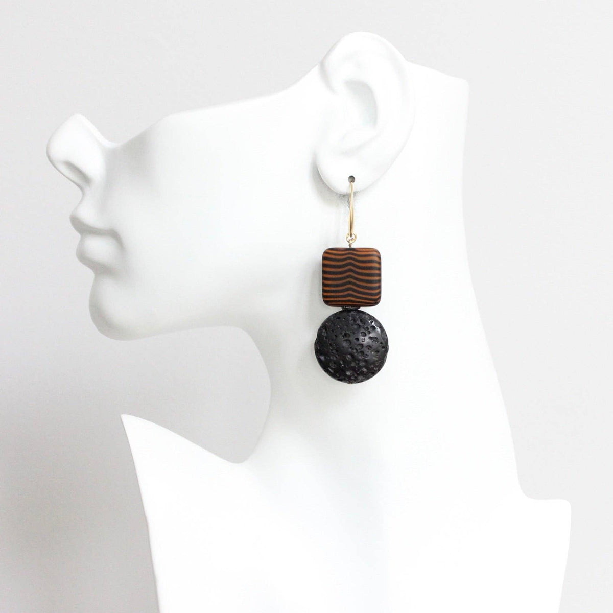 [David Aubrey Jewelry - LEXE32 Striped glass and lava earrings], [Earrings], [David Aubrey Jewelry], [Plum Bottom].