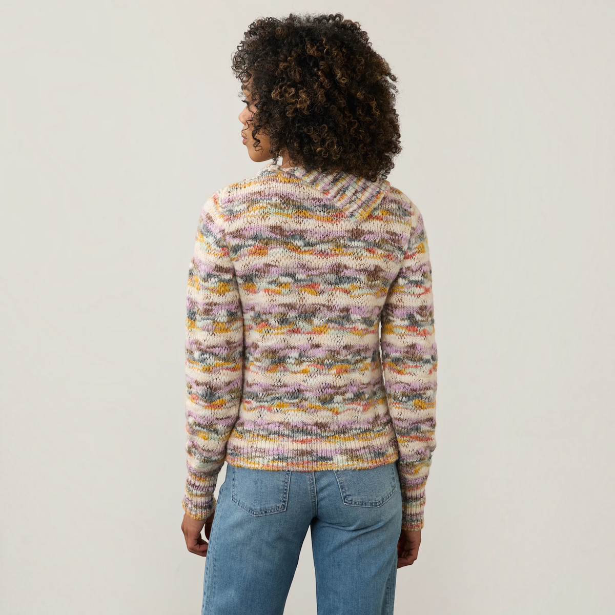 Plum Bottom FDJ sweater featuring a multi-coloured space dye knit pattern with an envelope collar, back view